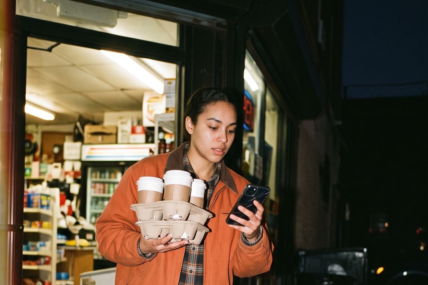 A runner carrying a tray of coffees outside a corner shop at night, checking her phone