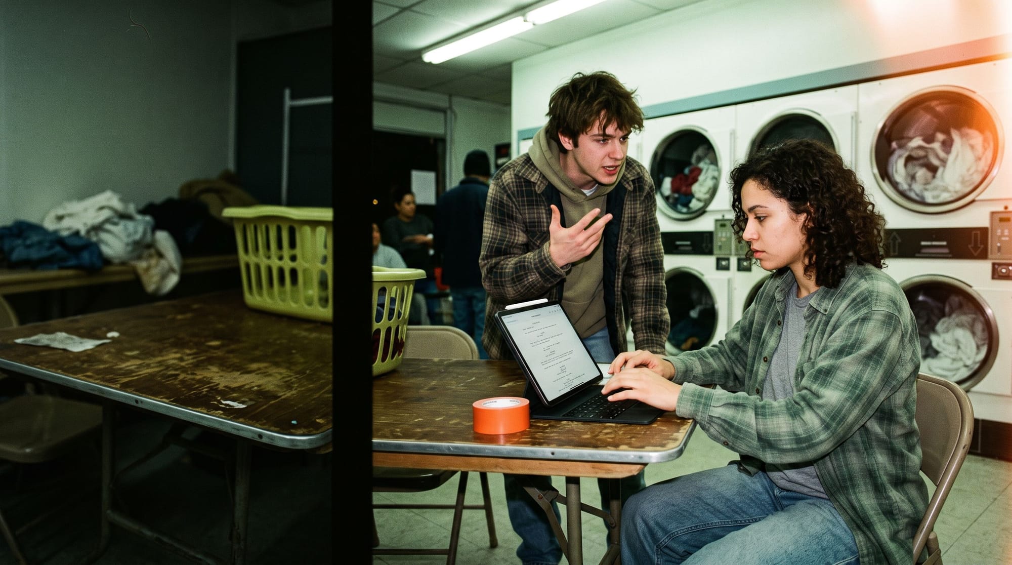 Two filmmakers working through a scene on a tablet at a table in a late-night laundromat
