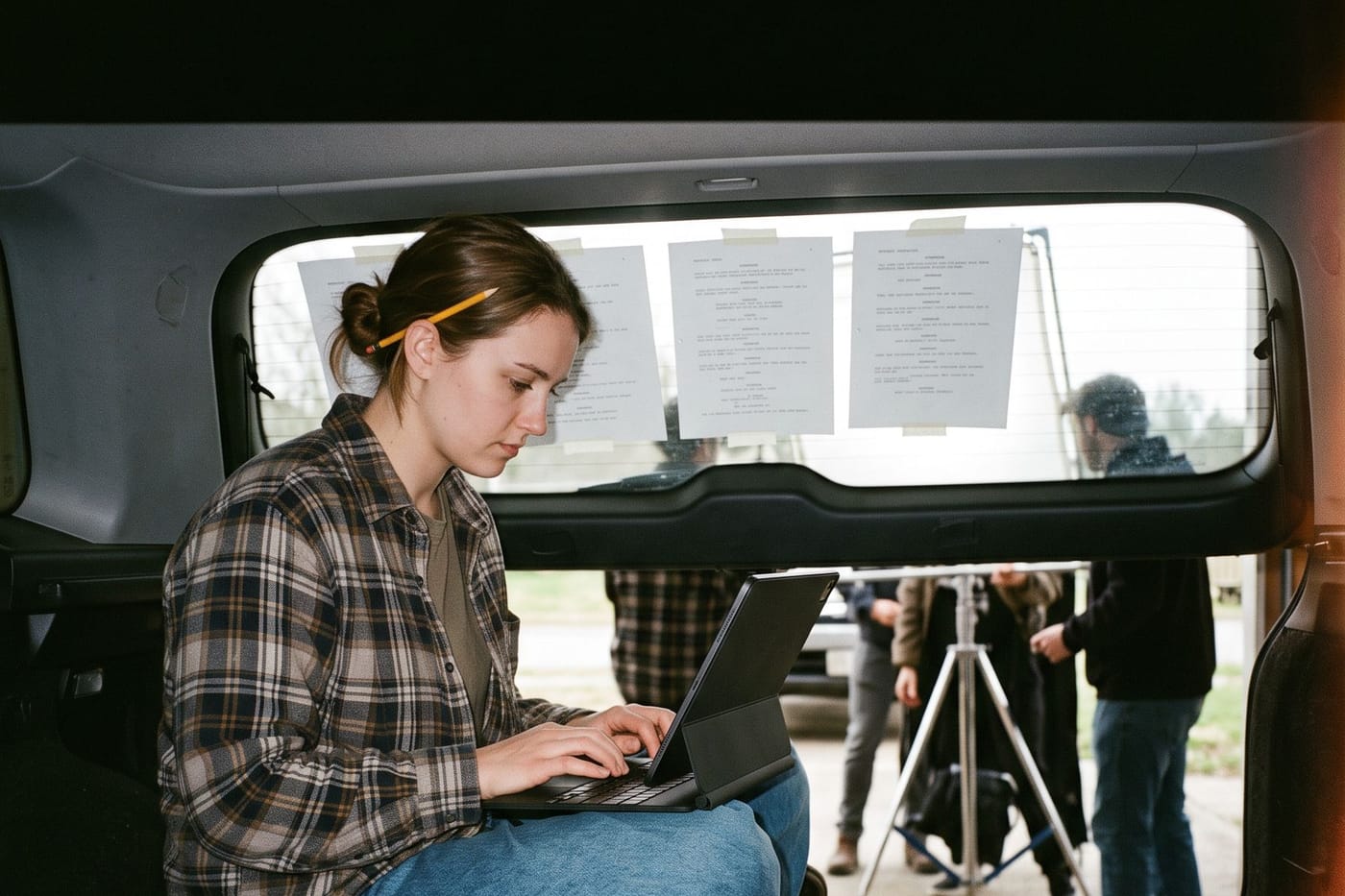 A writer typing on a tablet in the open boot of a van, sides taped to the window behind her