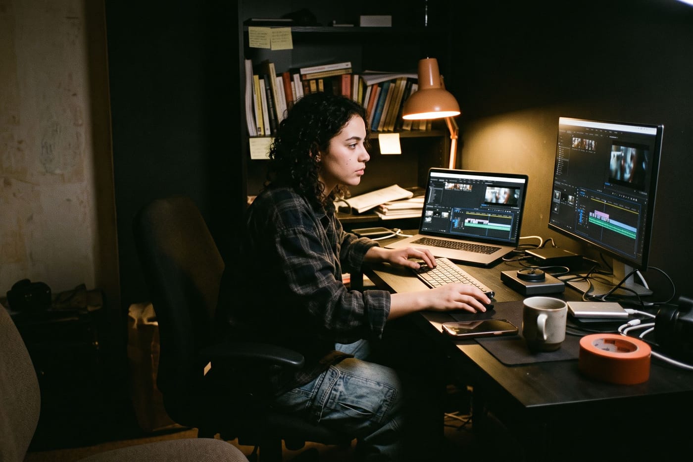 A creator cutting a video late at night at a two-screen desk