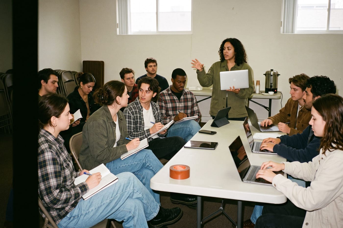 A workshop leader explaining something to a dozen people with notebooks in a rented room