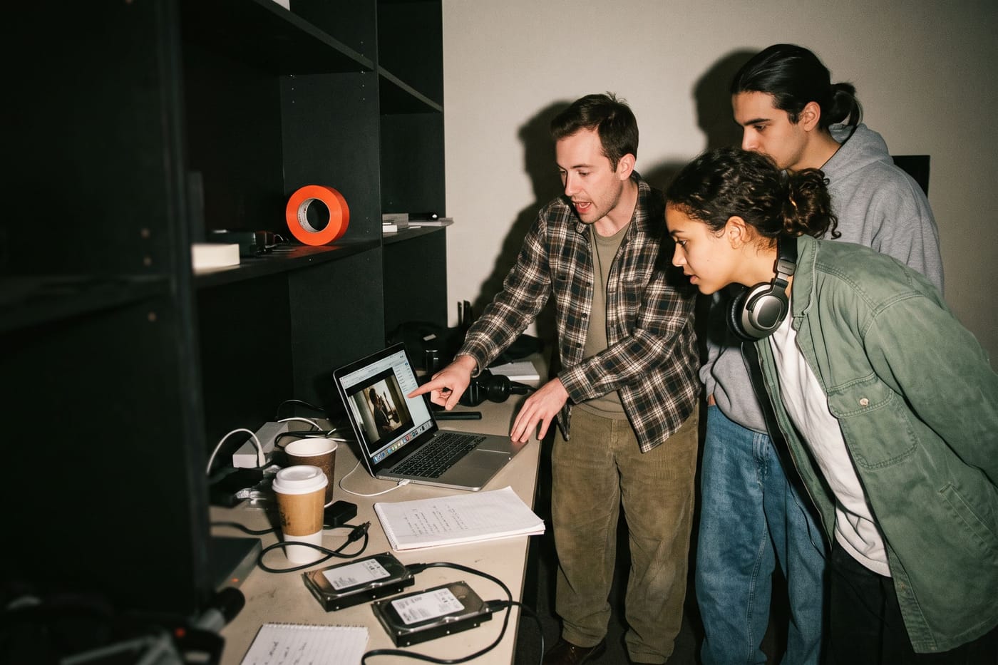 An instructor and two students watching a take back on a laptop in an equipment room