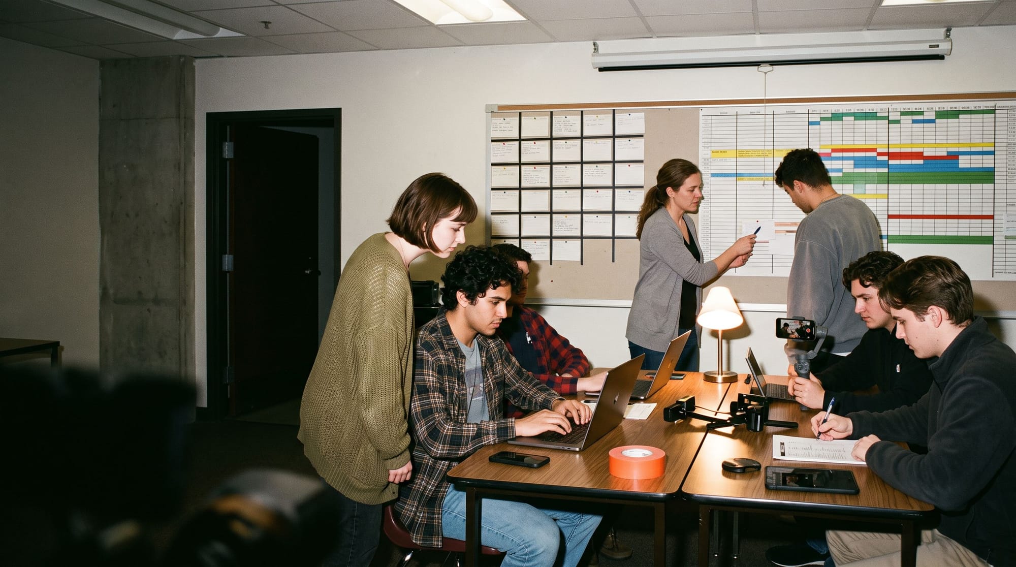 A film class working late in a classroom turned into a production office, a stripboard pinned across the back wall