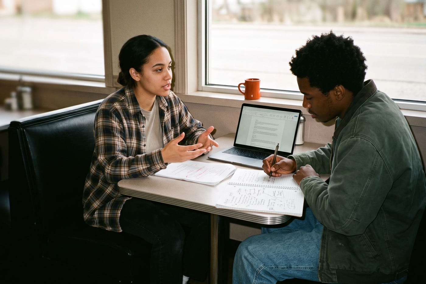 Two filmmakers at a diner table going through a marked-up script and a schedule on a laptop