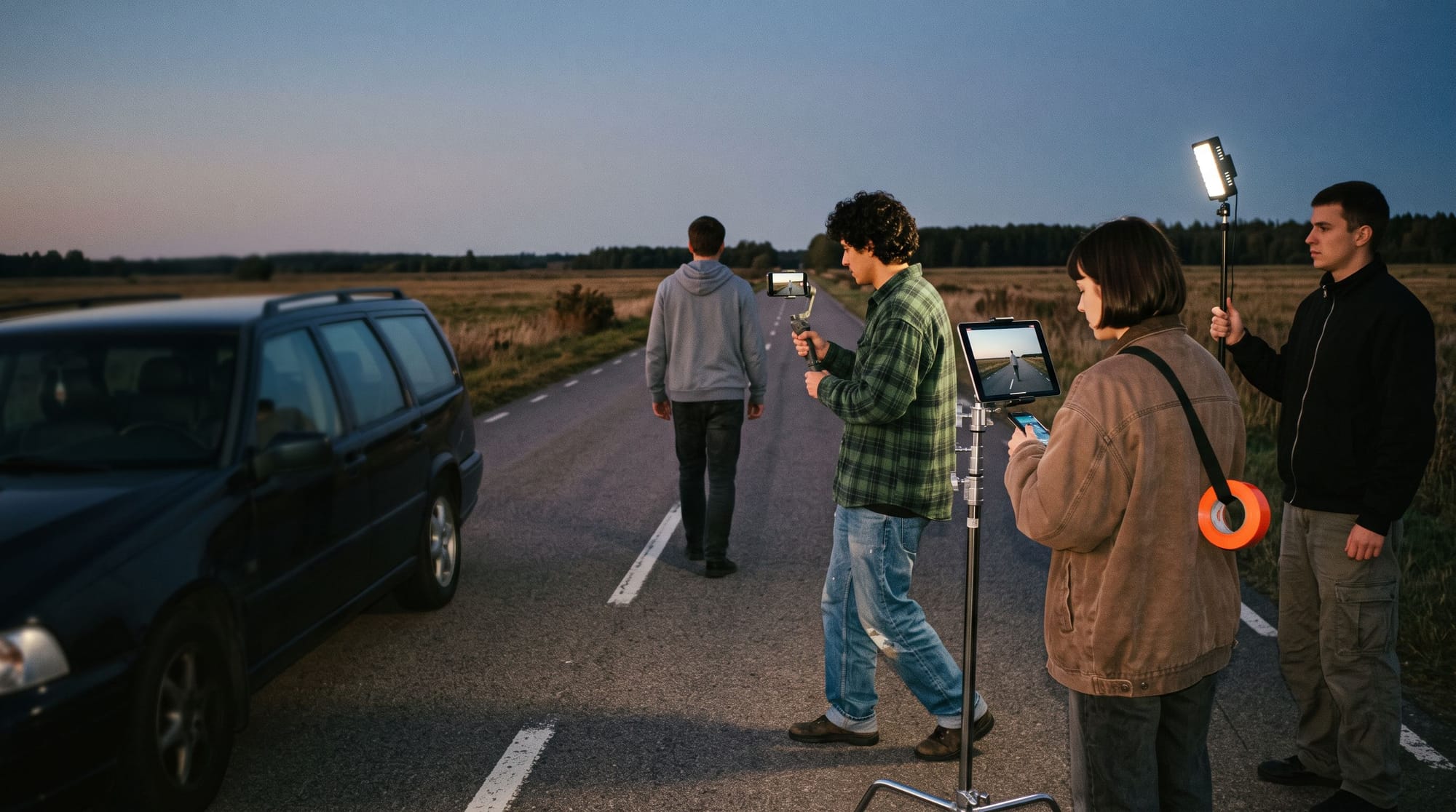A small crew shooting on an empty road at dusk, tracking an actor with a phone on a gimbal