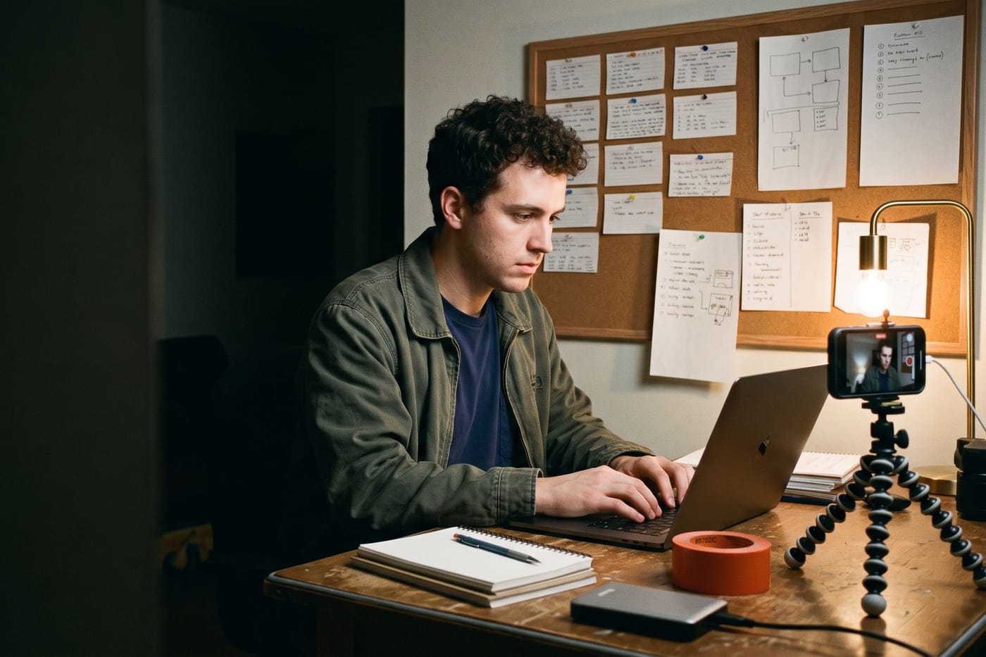 A filmmaker at a desk at night recording a walkthrough of his schedule, index cards pinned on the wall behind